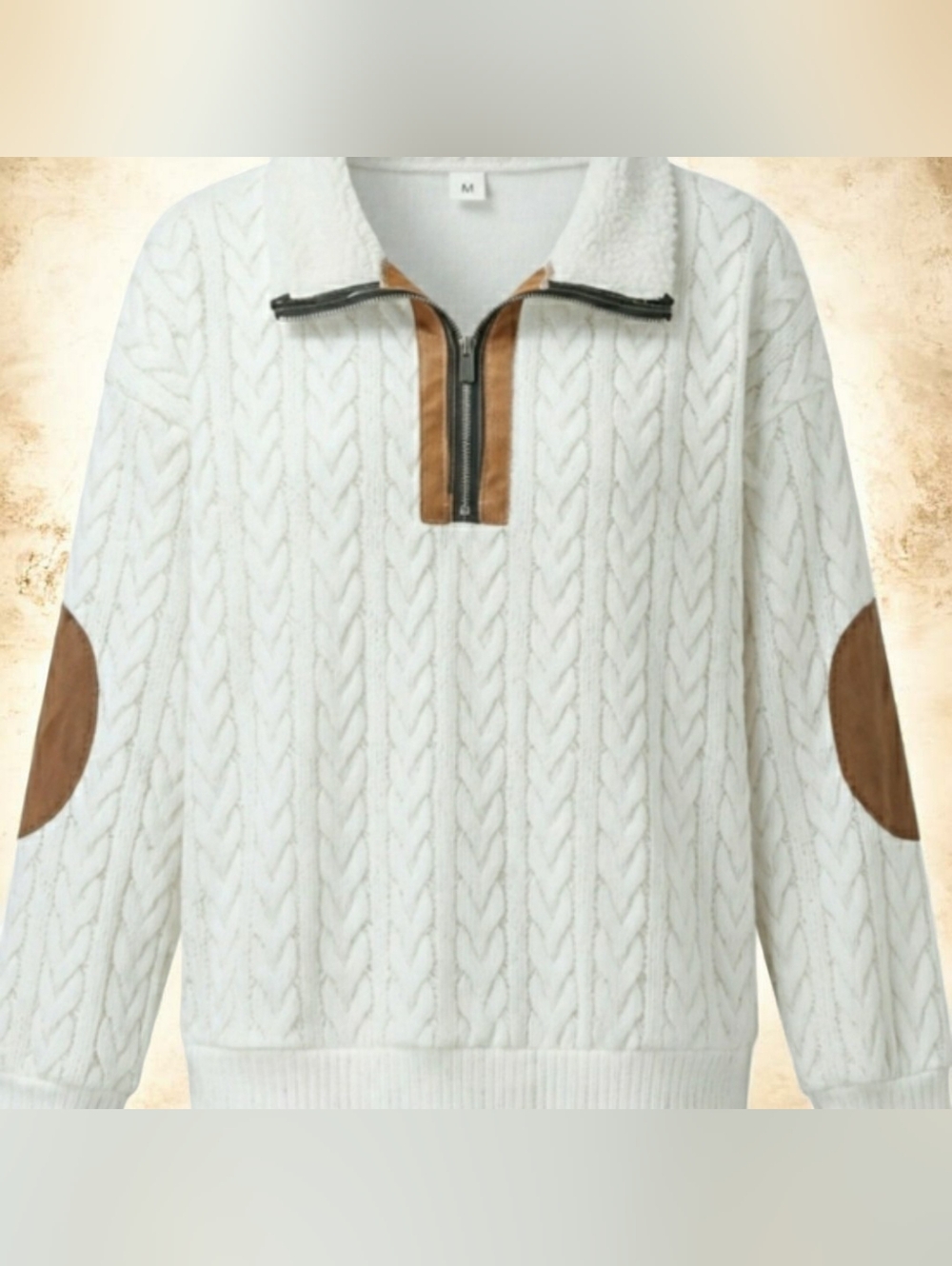 Men's med cream cable-knit half-zip sweater fur collar with brown accents. New